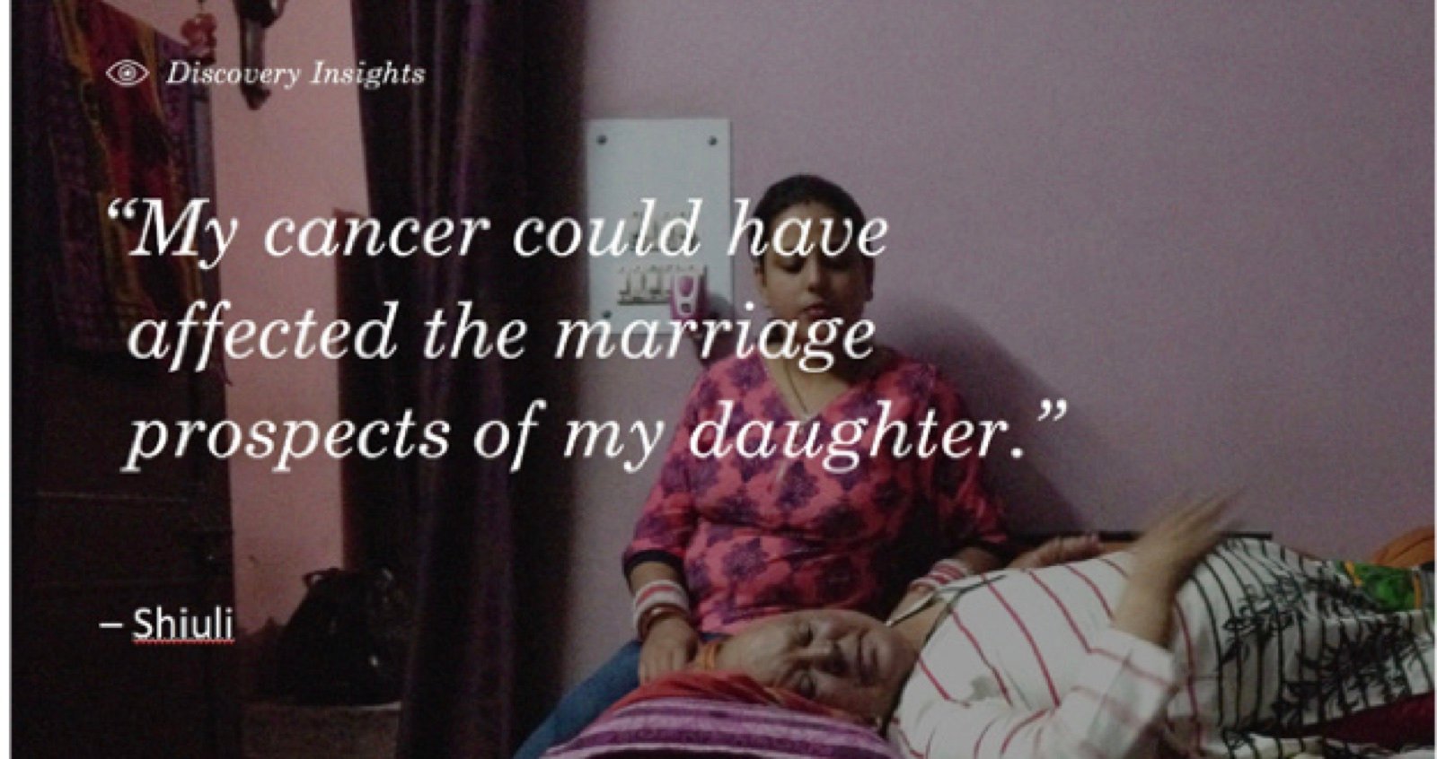 Research insight card with a photo of two women and a quote from a participant named Shiuli about her cancer diagnosis
