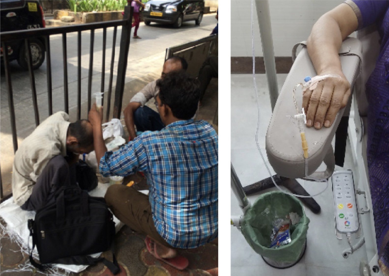 Two photos: a very ill man with his family on a city sidewalk, and a woman receiving chemotherapy through an IV line