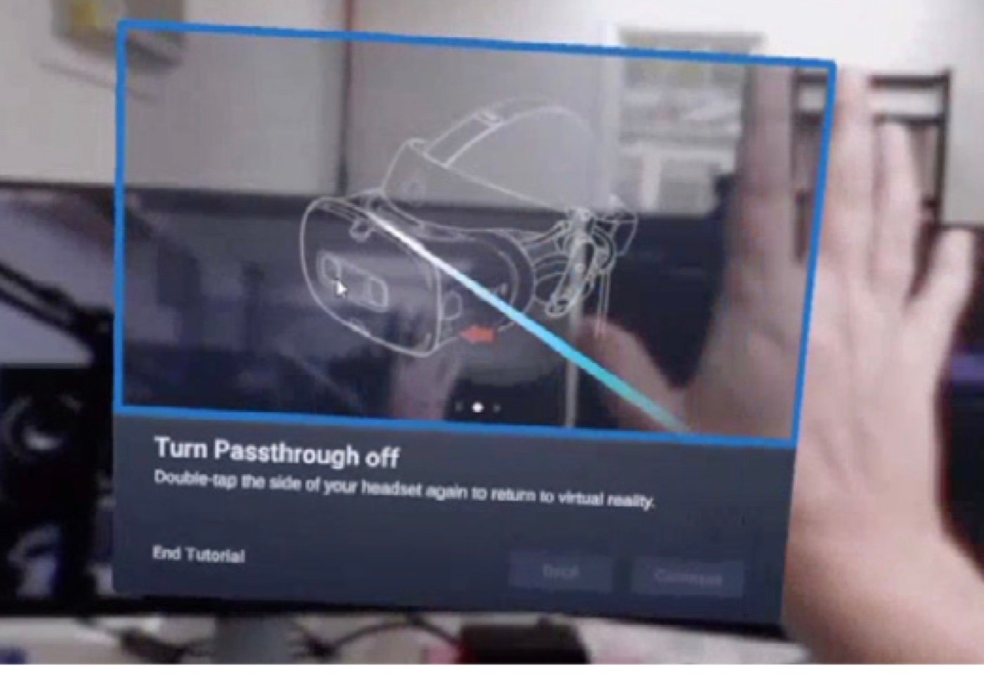 VR headset tutorial screen showing how to turn passthrough mode off