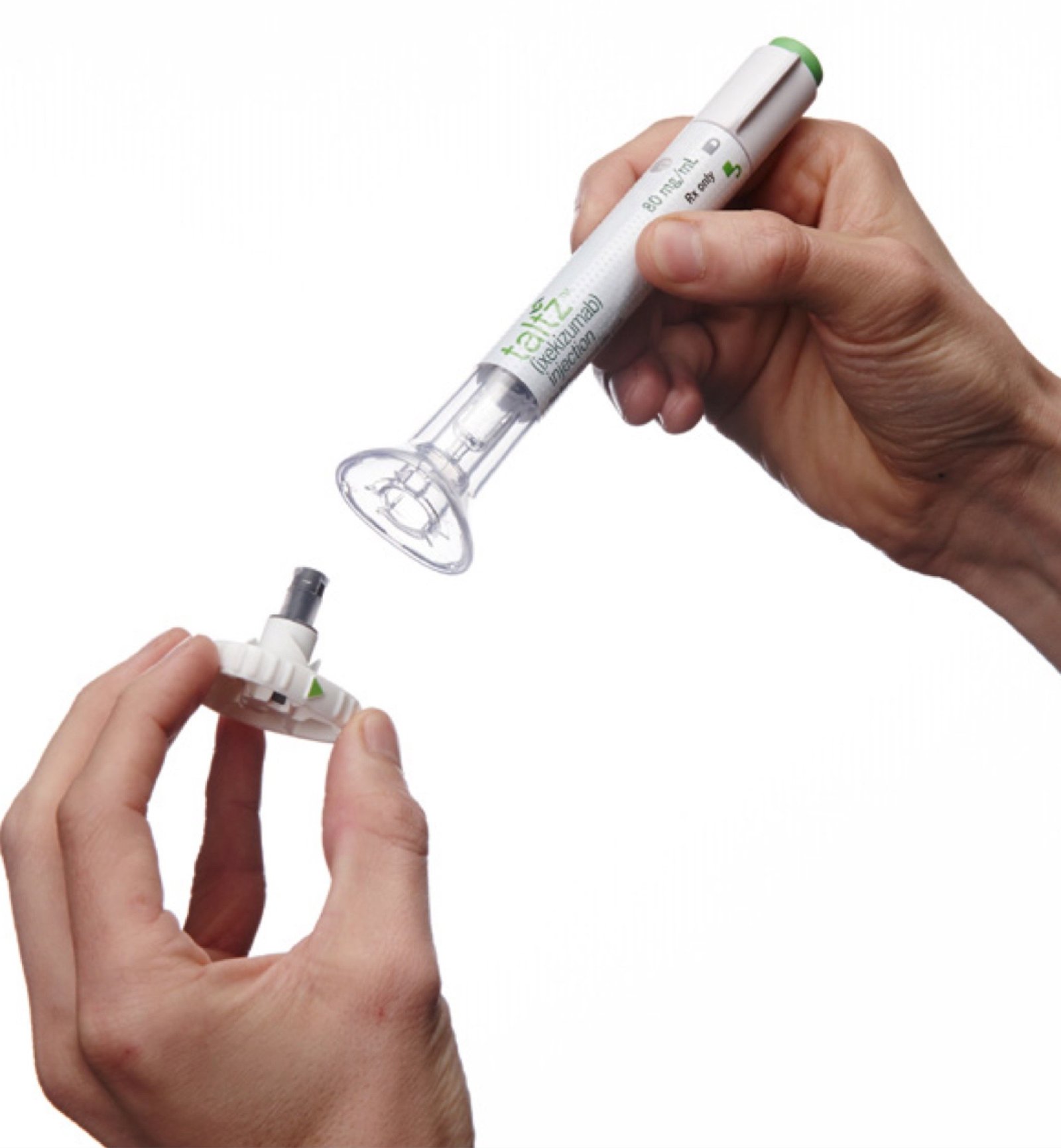 Hands assembling the Taltz automatic injector and prefilled syringe