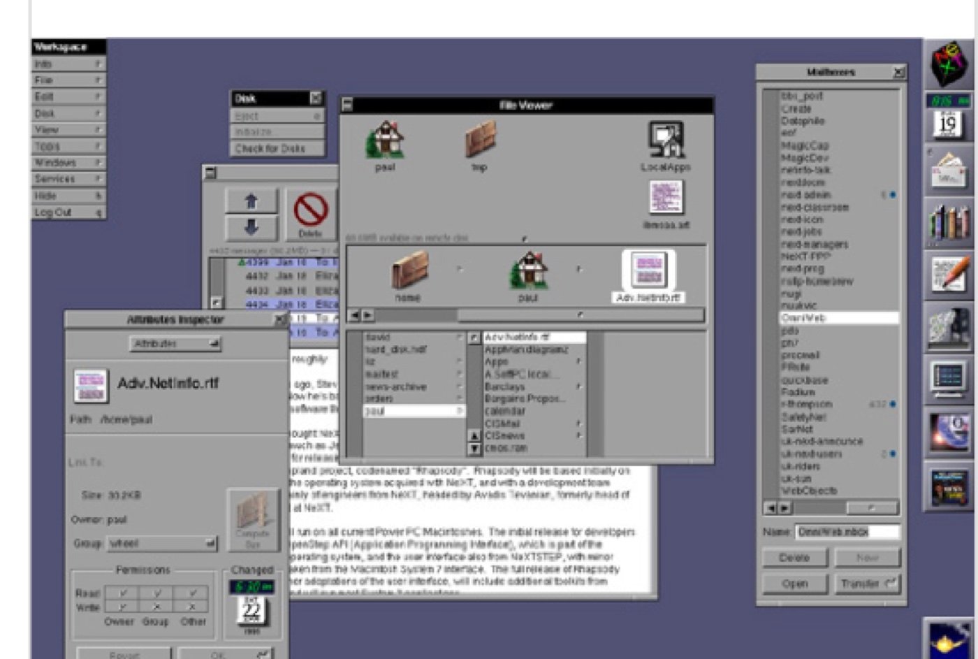 The NeXTSTEP operating system desktop, showing the Workspace, File Viewer, and Attributes Inspector windows