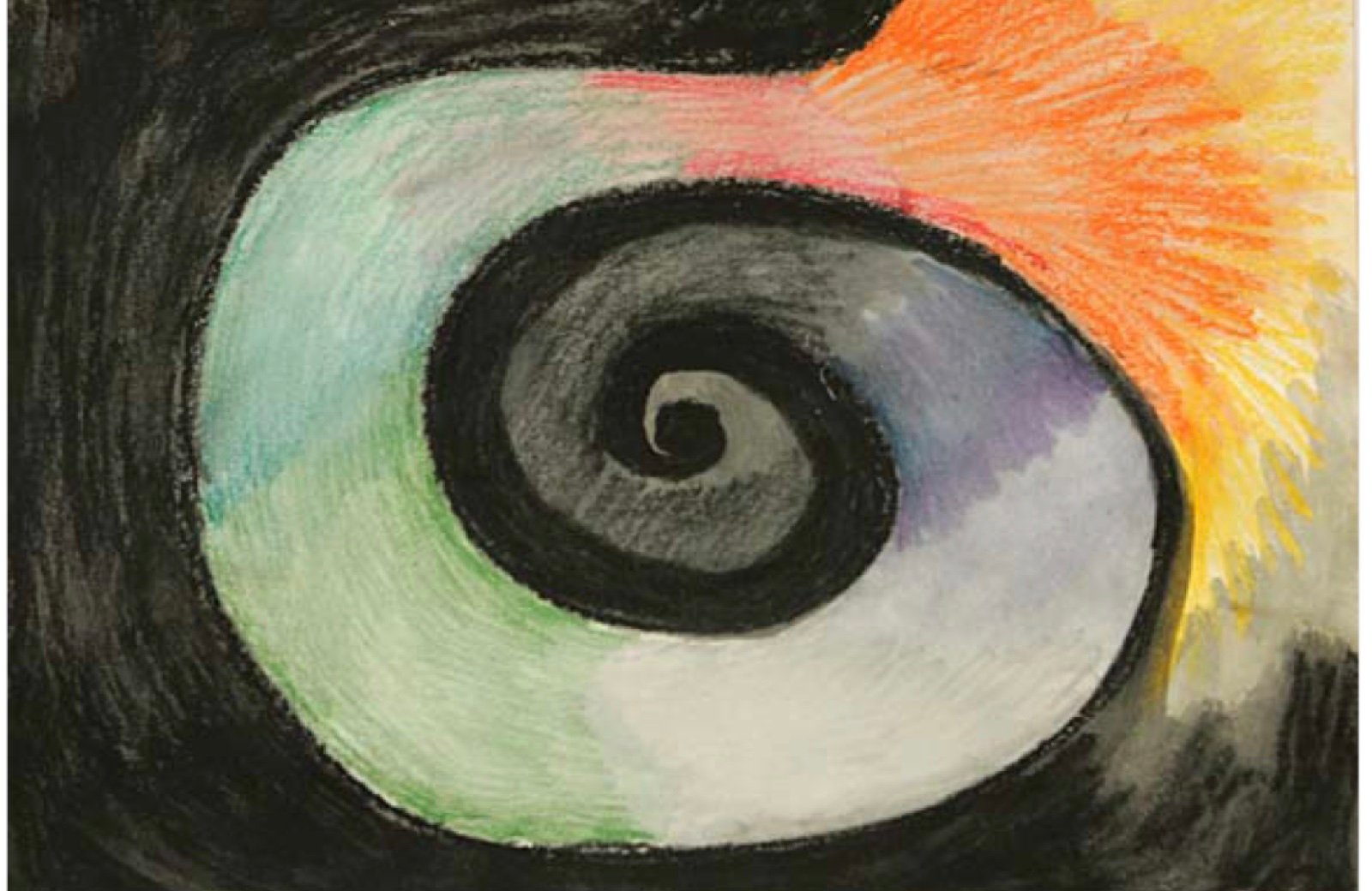 Colored pencil painting of a dark spiral with bursts of orange and green