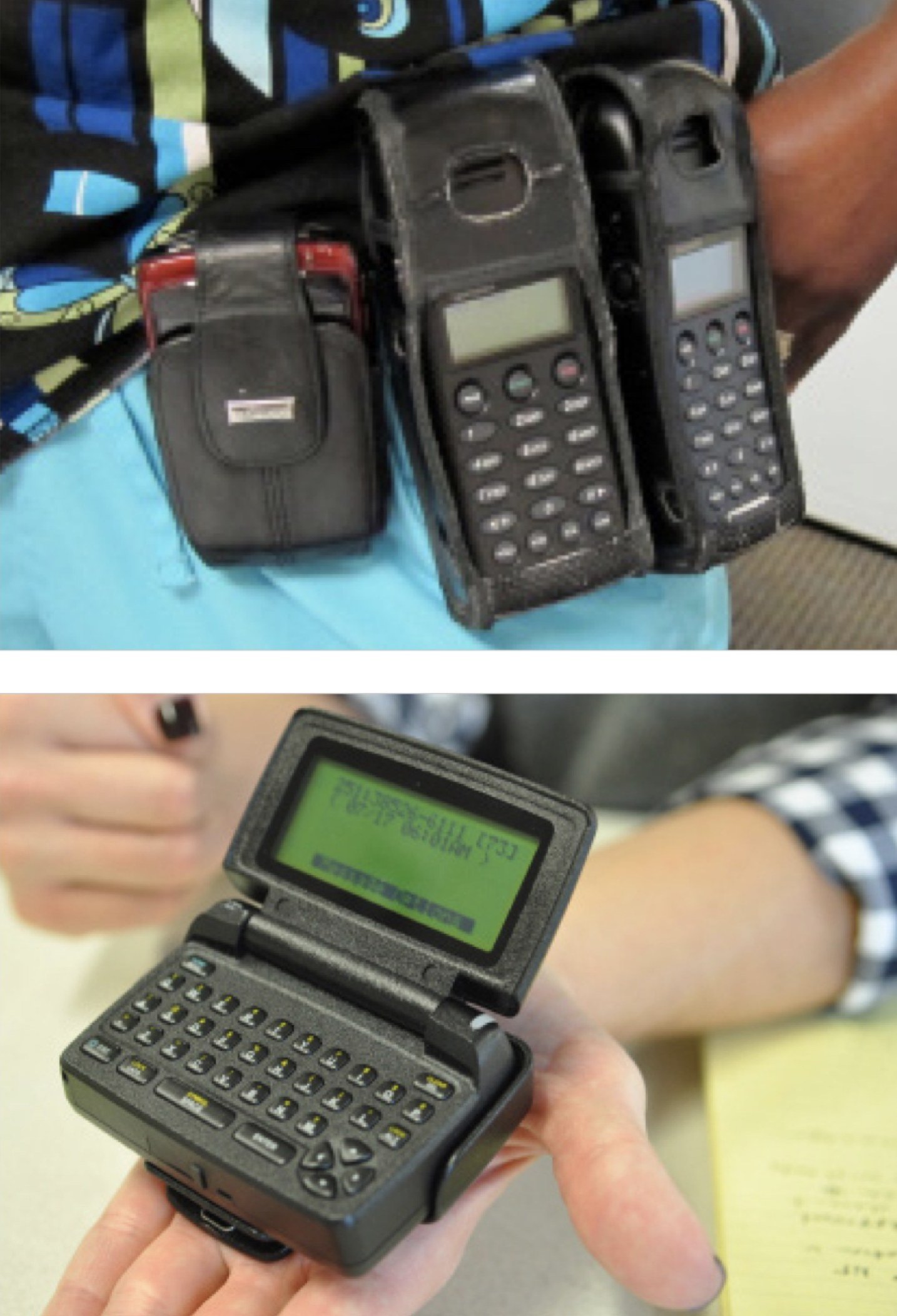 Legacy hospital communication devices: old cell phones clipped to a nurse&rsquo;s waistband, and a pager held in a hand